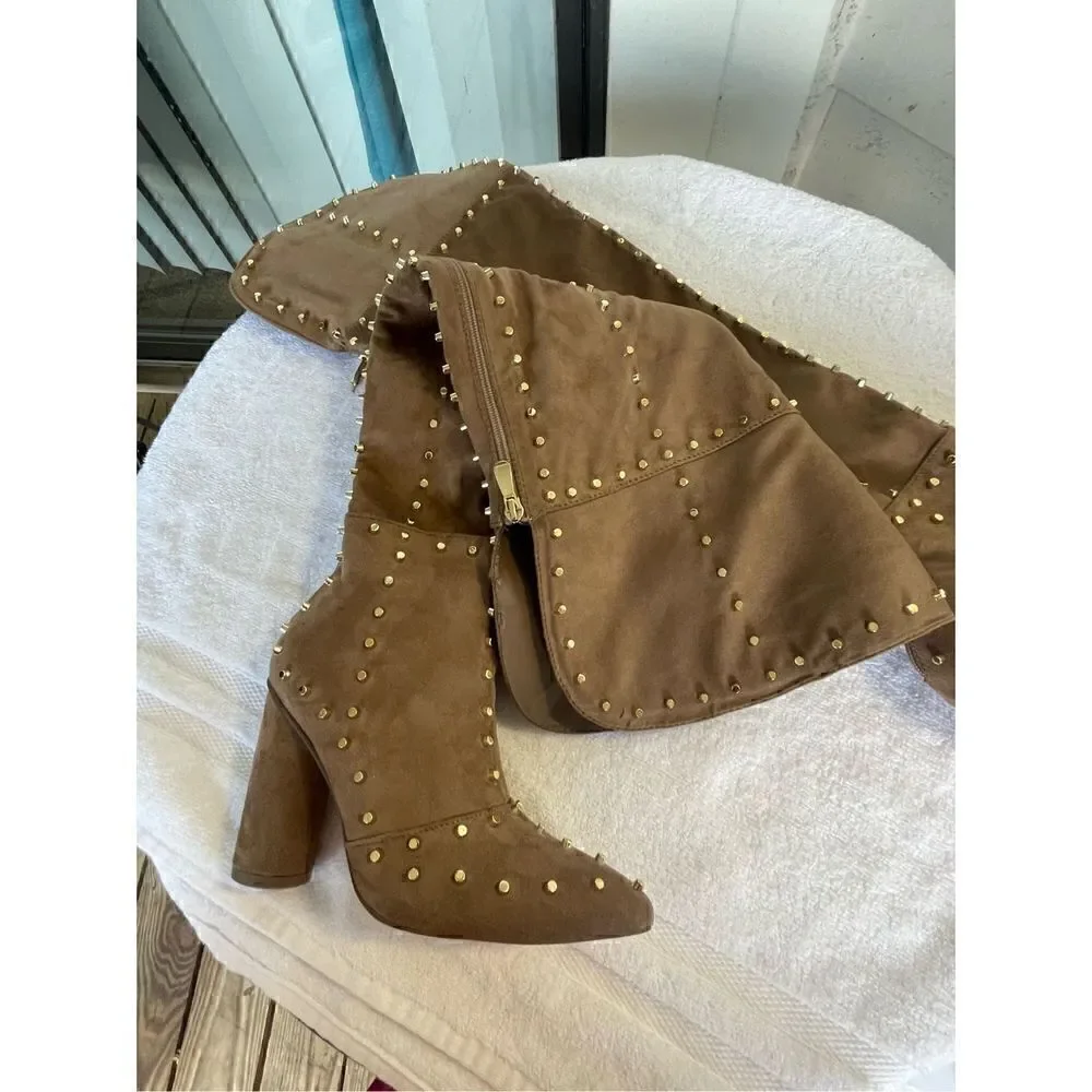 New Venus Faux Suede Studded Over the knee Taupe Boots